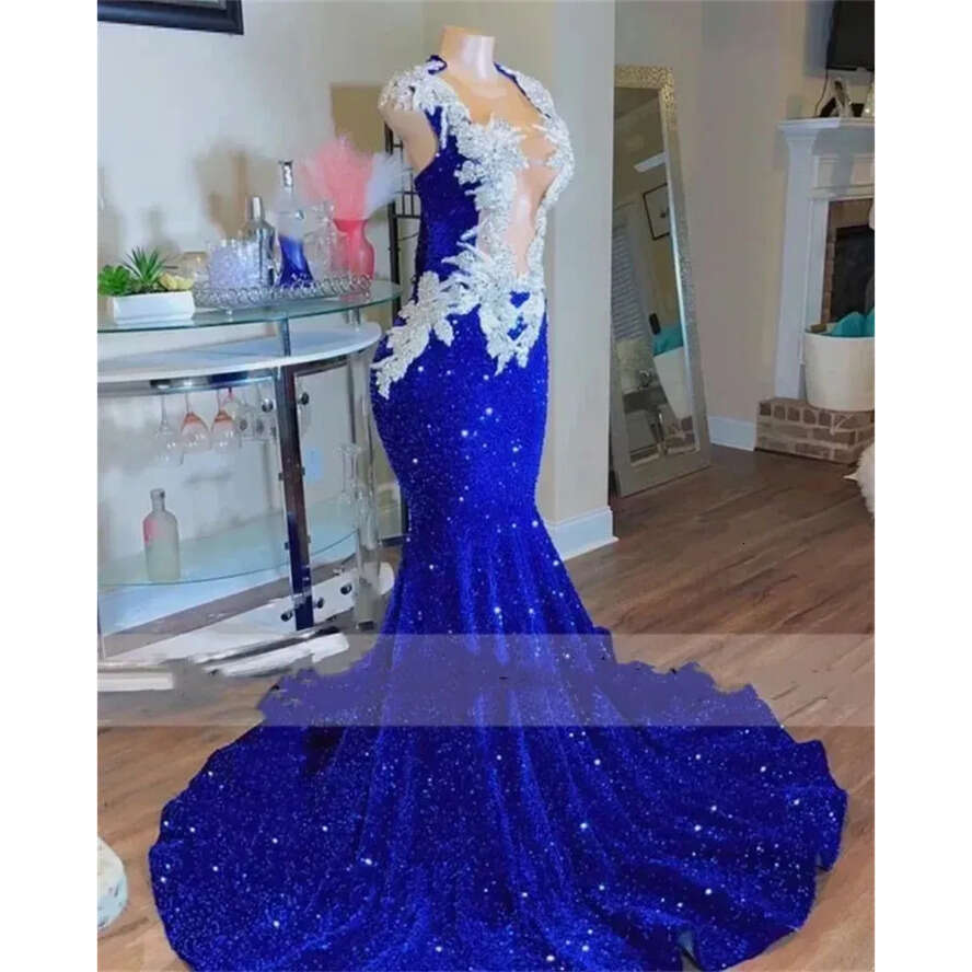 Royal Blue Mermaid Sparkly Prom Crystal Rhies Graduation Party Dress Evening Gowns Robe De Bal Custom Made Bc16618