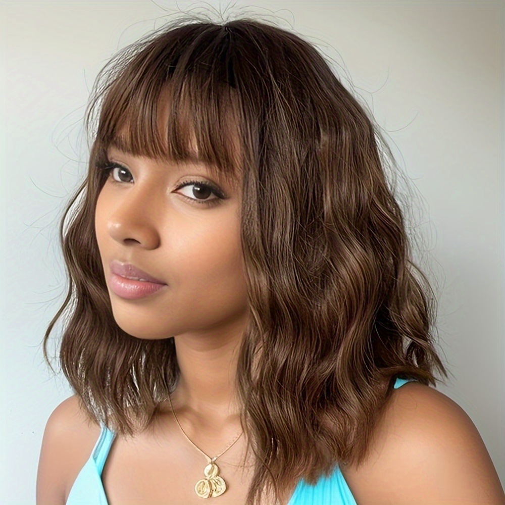 Shoulder-length short curly wig with bangs for women with simulated wool curly short hair