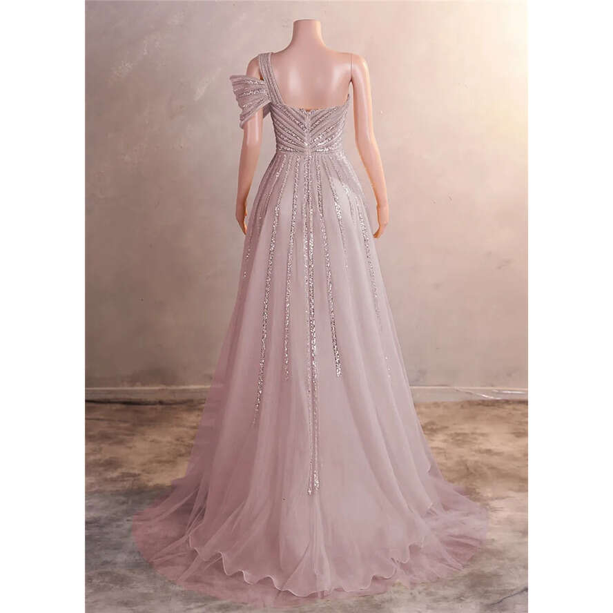 Sequins Evening Side Split Prom Dress One Shoulder Spaghetti Backless Gowns
