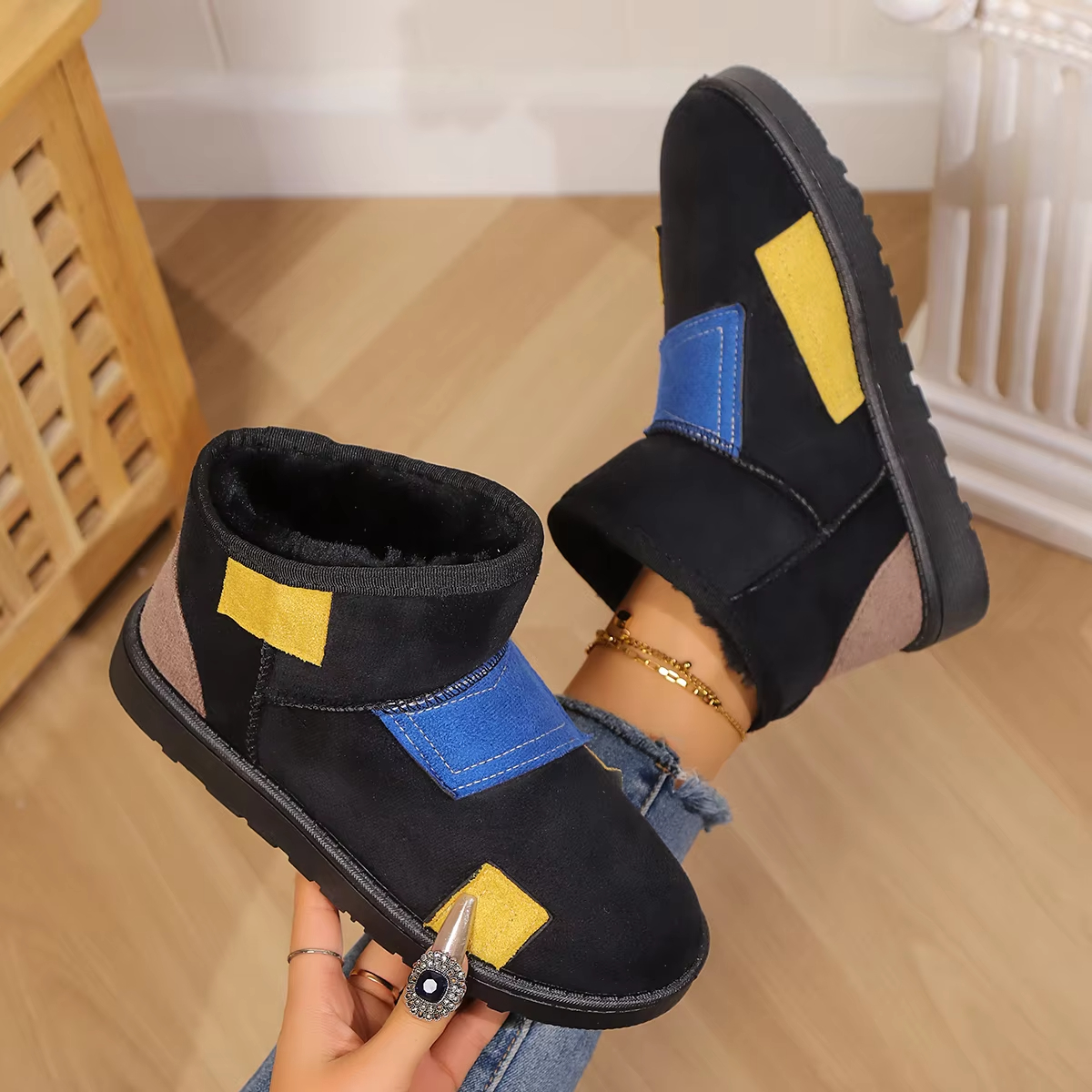 Winter Short-Tube Matching Color Cashmere Cotton Flat Wear-Resistant Fashion Designer Thick Soles Plus Plush Comfort Snow Boots