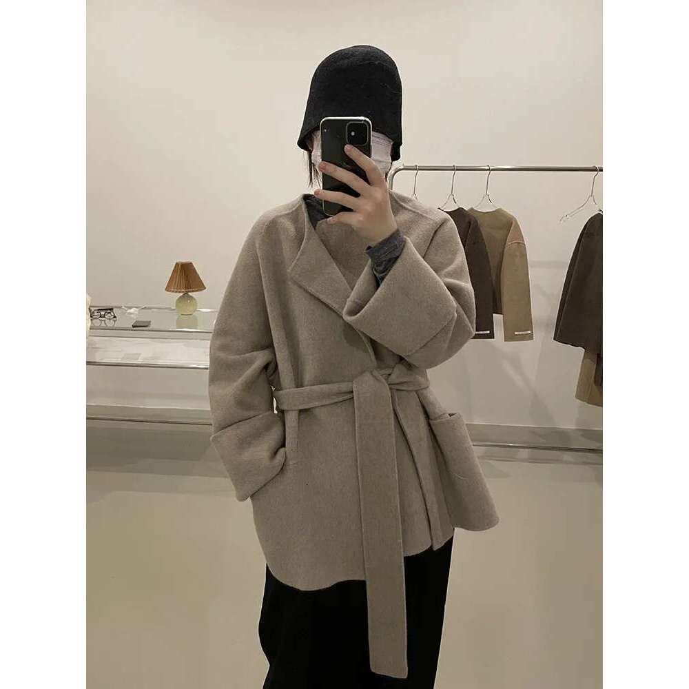 Rose Korean Double-Sided Cashmere Winter New Short Warm Fashion Lace-Up Casual Round Neck Wool Coat Women