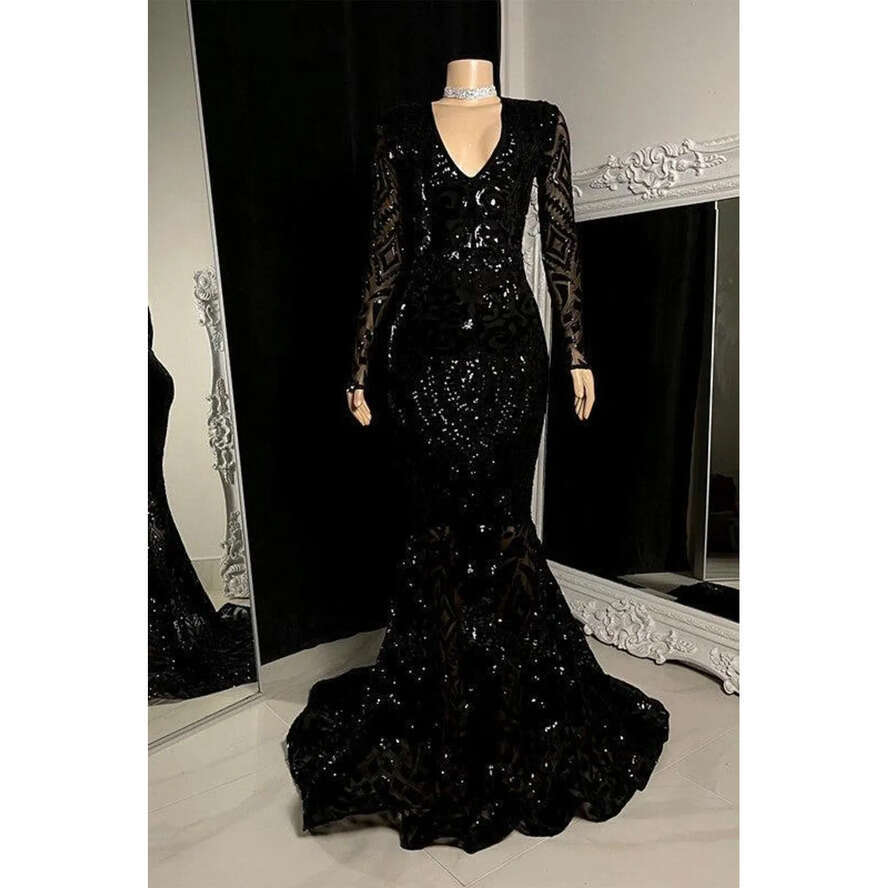 Black Sleeve Vintage Long Lace Sequined Prom Dresses For African Girls 2024 Celebrity Evening Gowns Sexy V Neck Illusion Vestidos De Bal Bc18481 estid
