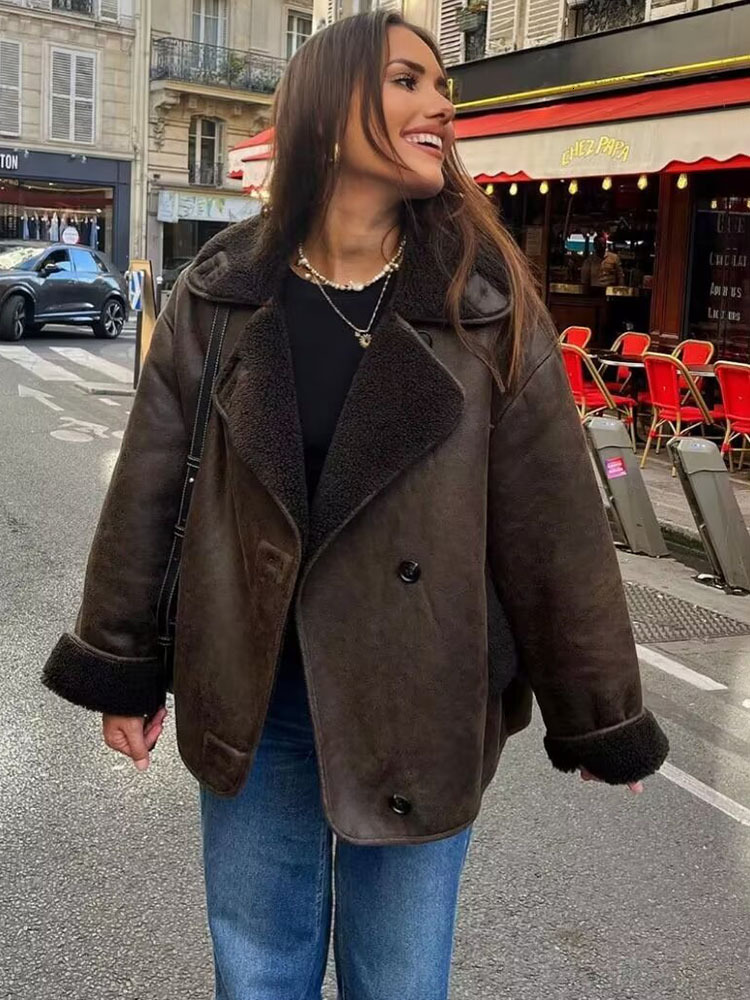Vintage Suede Women Faux Fur Coat Winter Thick Warm Turndown Collar Outerwear Ladies Casual Slim Long Sleeve Coats Chic