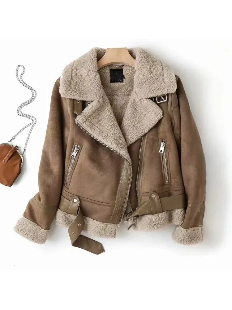 Womens faux fur sheepskin coat suede jacket with belt casual thick warm bicycle jacket zipper oversized leather windproof jacket 241023