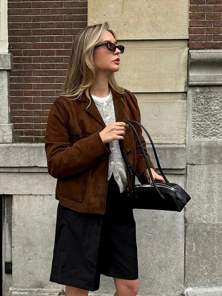 Suit collar suede leather jacket retro loose jacket elegant weight loss womens short jacket fashionable brown autumn jacket 241023