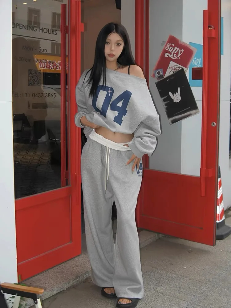 HOUZHOU casual 2-piece womens pants set oversized Korean style set retro letter printed shoulder sportswear 241023