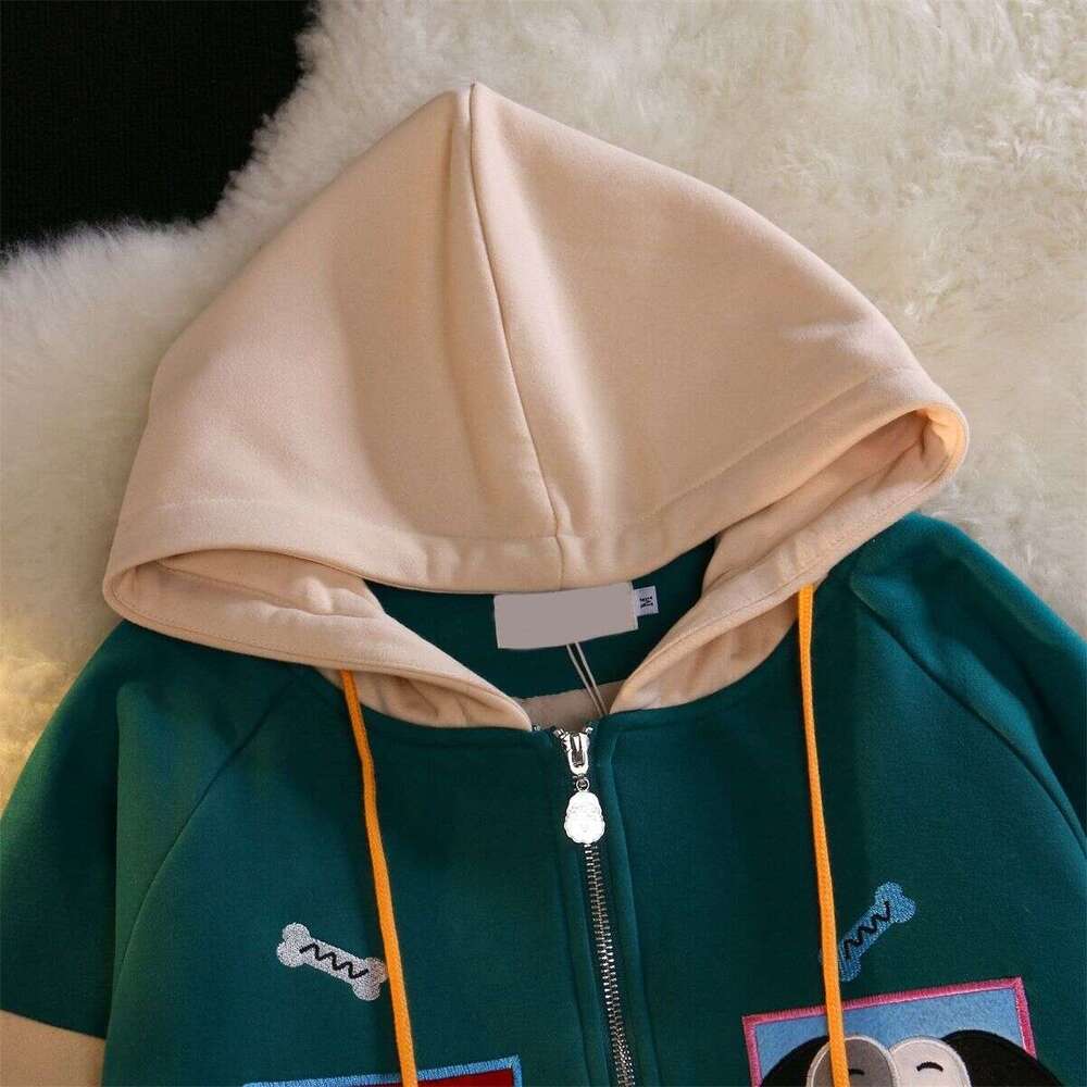 High end Block Color Vintage Cute Cartoon Print Zip Up Hoodies Women Kawaii Spring Clothes Sweatshirt Jackets Coats Oversized Teens