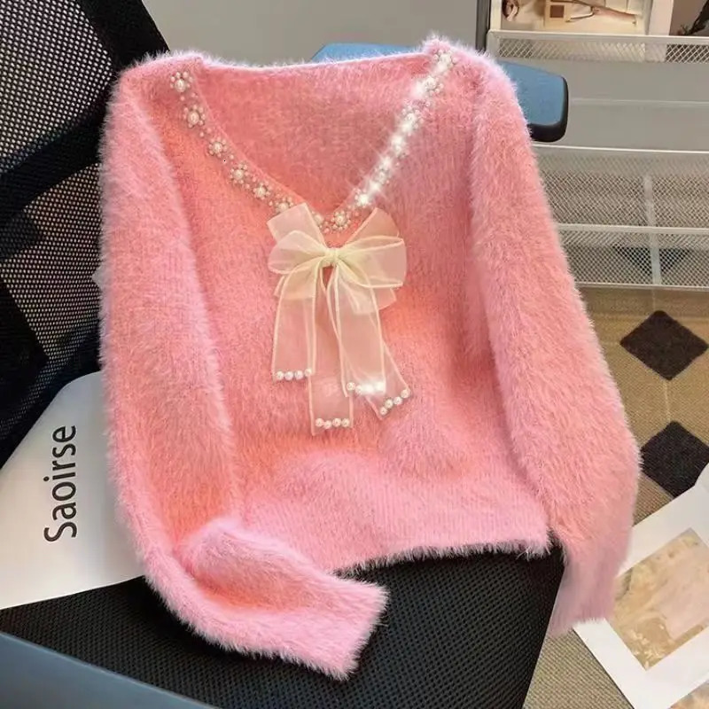 V Neck Mink Cashmere Oversized Sweater Korean Bow Knitwear Top Pull Femme Women Long Sleeve Beaded Sweaters 241021