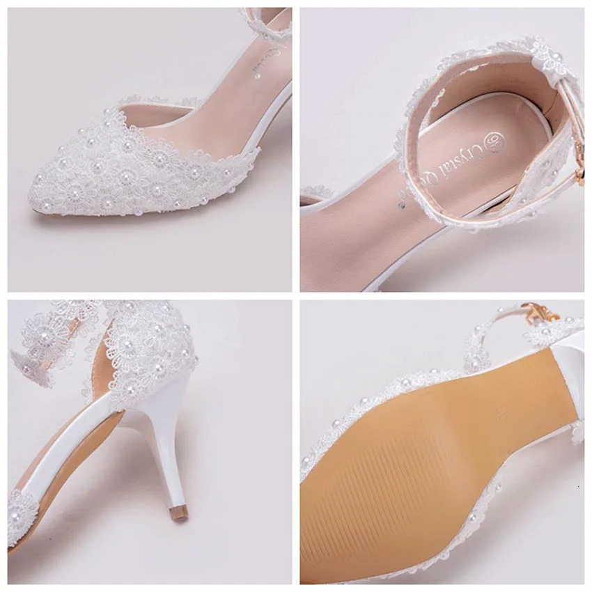 Wedding Shoes Bride White Wedding Shoes Female High Heels Ankle Strap Pumps Women Shoes Rhinestone Lace High Heels Party Shoe#42 241022