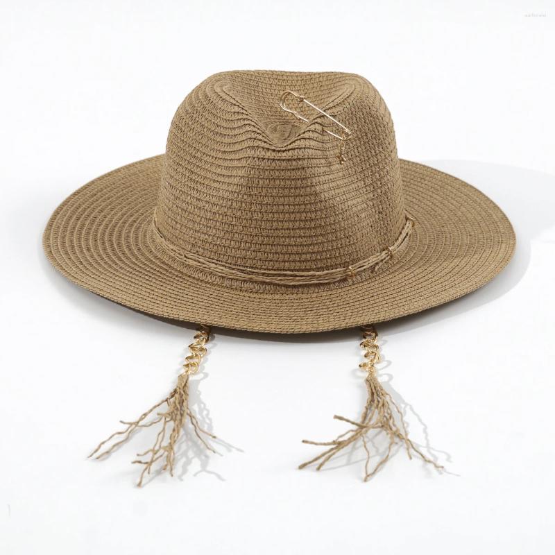 Berets 2025 Feather Chain Sun Straw Hats For Women Fashion Pin Ladies White Black Party Summer Beach Hat Wide Brim