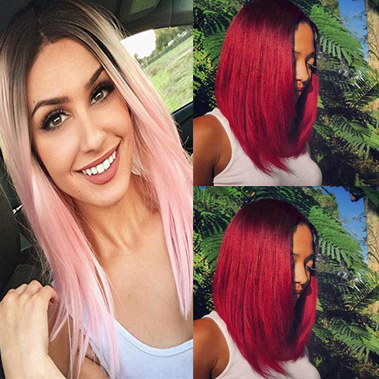 Wig women's medium-length straight hair gradient wig middle-parted bangs chemical fiber wig