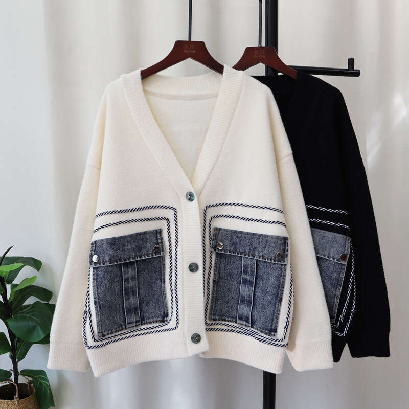 Denim Pockets Long Sleeve V-Neck Double-Faced Cashmere Single Breasted Women Winter Cardigan Coat Autumn