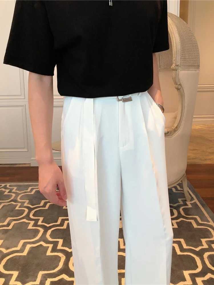 White Trousers For Men Baggy With Belt Wide Leg Ele Spring Clothes Man Suits Pants Clothing Promotion Hot Fabric Summer 2024X241023