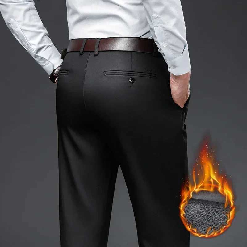 Classic Style Winter Warm Mens Business Straight Casual Pants Stretch Fabric Office Pants Fleece Thicken Trousers Khaki BlackX241023