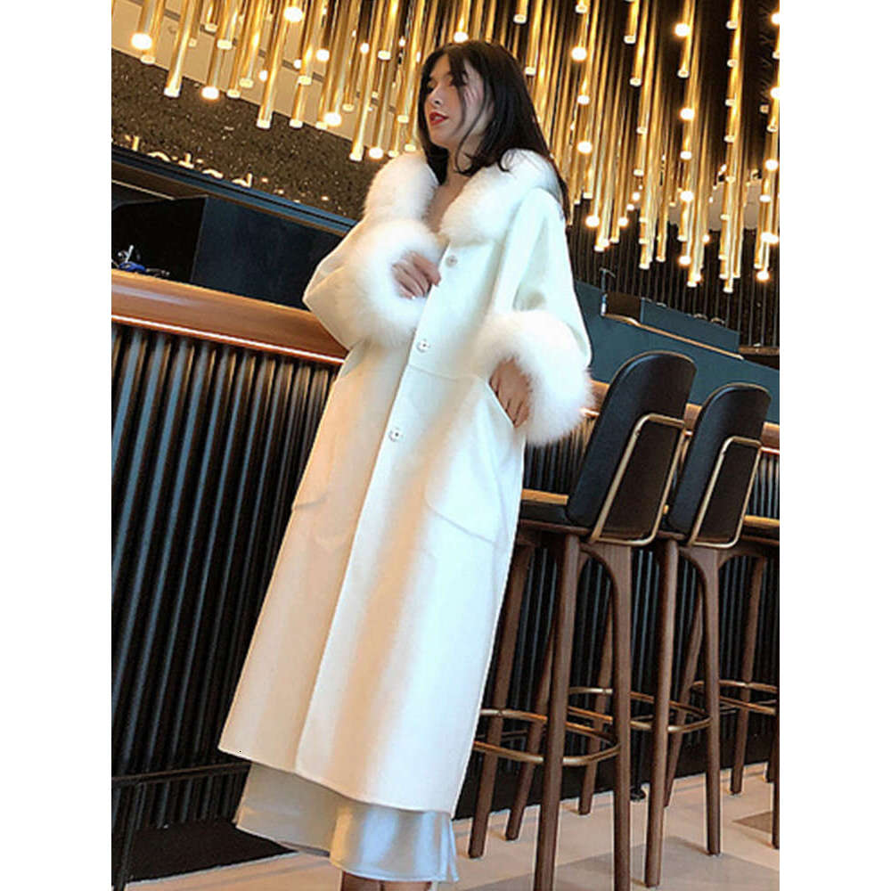 Rose New Double-Sided Cashmere Sheepwool Fox Collar Long Female Slim Hooded Real Fur Wool Coat Fashion Loose Winter