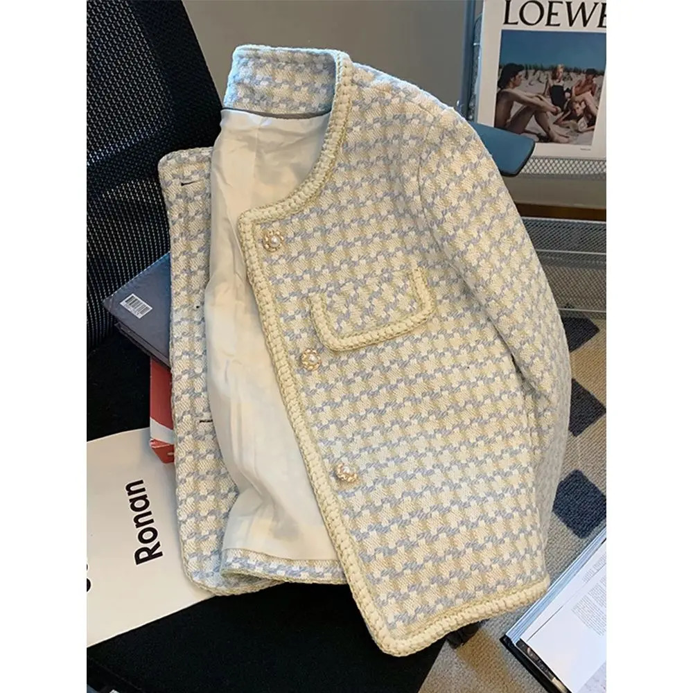 Socialite Temperature Plaid Small perfume Style Jacket Womens Pearl Button Short Wool Tweed Top 241023