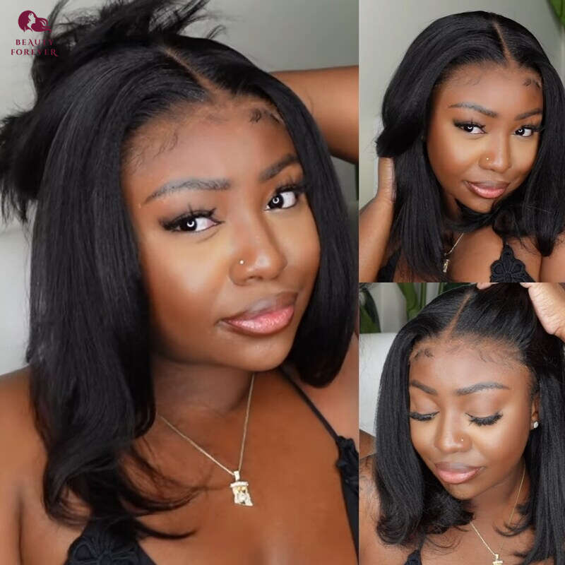 Beauty Forever 7x5 Bye KNOTS Glueless BOB Lace Front Yaki Straight Wear Go Short Bob Human Hair Wig 180% Density