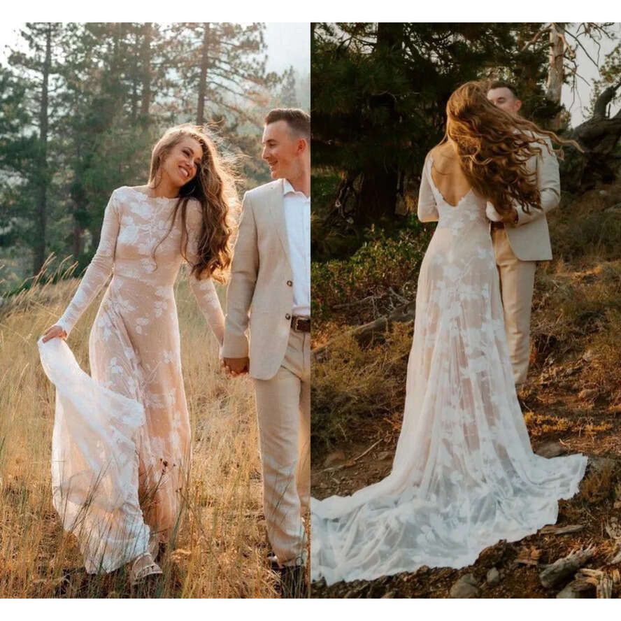 Lace Bohemian Romantic Tulle Wedding Dresses Sexy Backless A E Scoop Neck Appliques Quarter Sleeve Bridal Gowns Plus Size Bc18357 ppliques