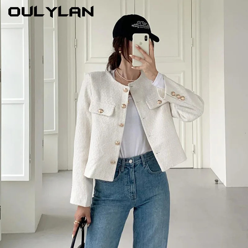 Womens coarse tweed single chest open top jacket elegant long sleeved jacket office O-neck solid top autumn warm jacket 241023