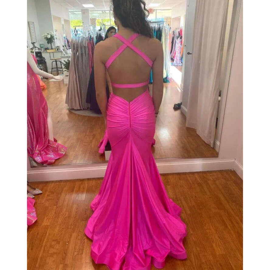 Fuia Dresses Sexy Mermaid V Neck Criss Cross Backless Pleats Ruffles Long Evening Party Gowns Junior Graduation Party Wears Bc11894