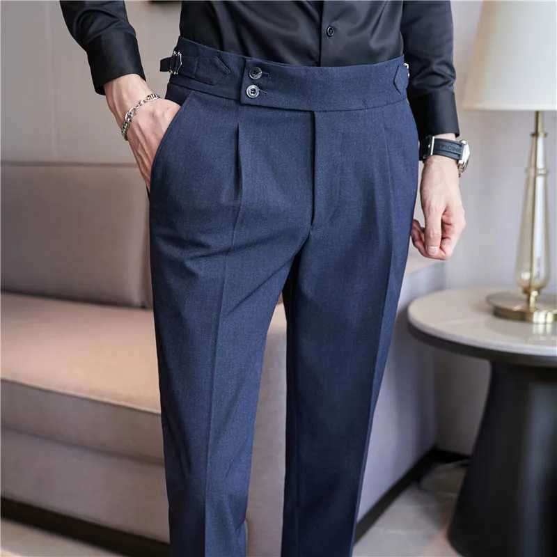 Neapolitan High Waist Casual Dress Pant For Men 2024 New Belt Design Slim Fit Casual Office Social Party Suit Pants 38-28X241023