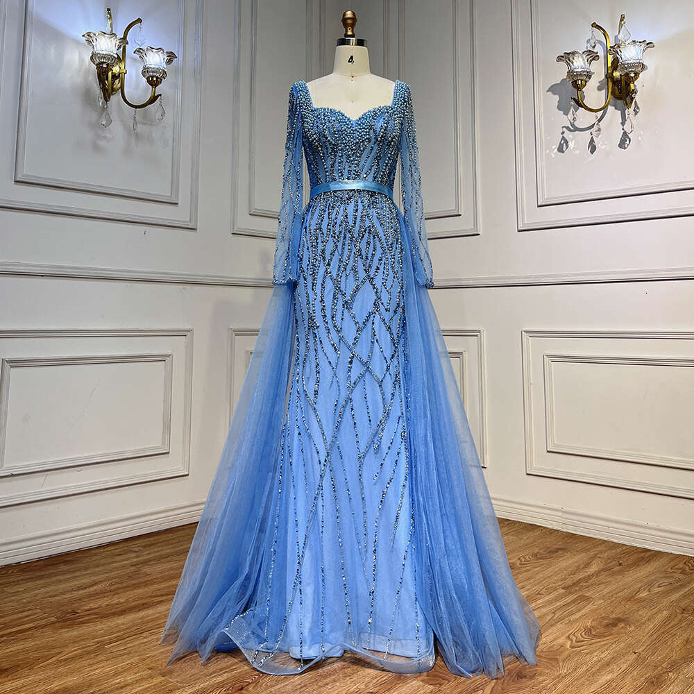 Serene Hill Blue Mermaid Pearls Beaded Arabic Elegant Evening Dresses Gowns For Woman Party