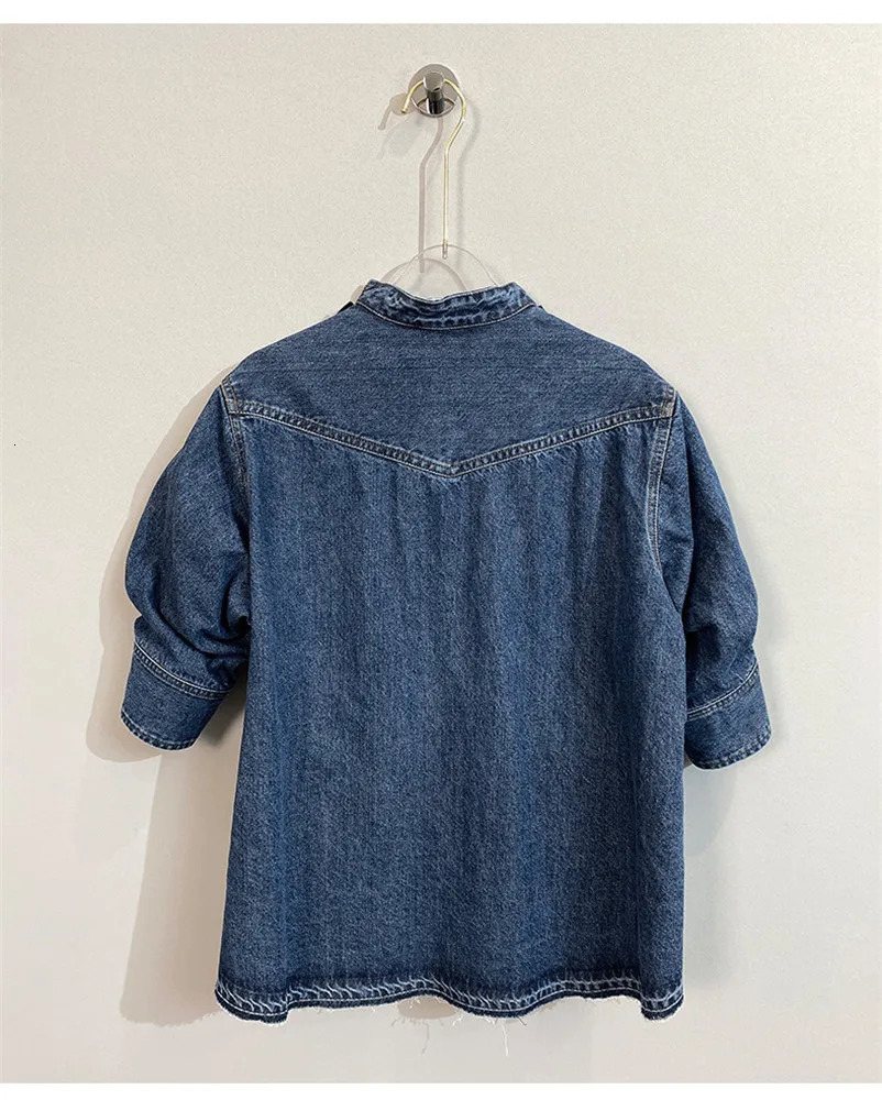 Spring Pullover Allmatch Sweater Top Denim Splicing Shortsleeved for Women Y4346 241021