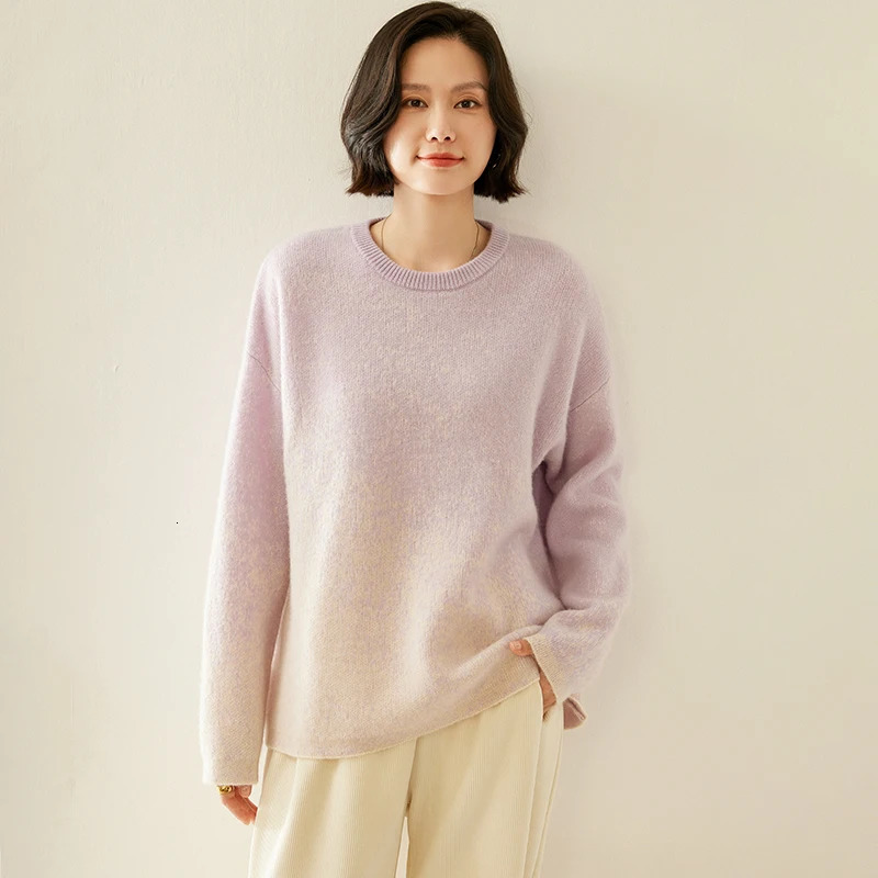 100% Goat Cashmere Sweater Womens 7Pin ONeck 4Color Gradient Color Pullover Knitted Casual Autumn And Winter Thicken Tops 241021