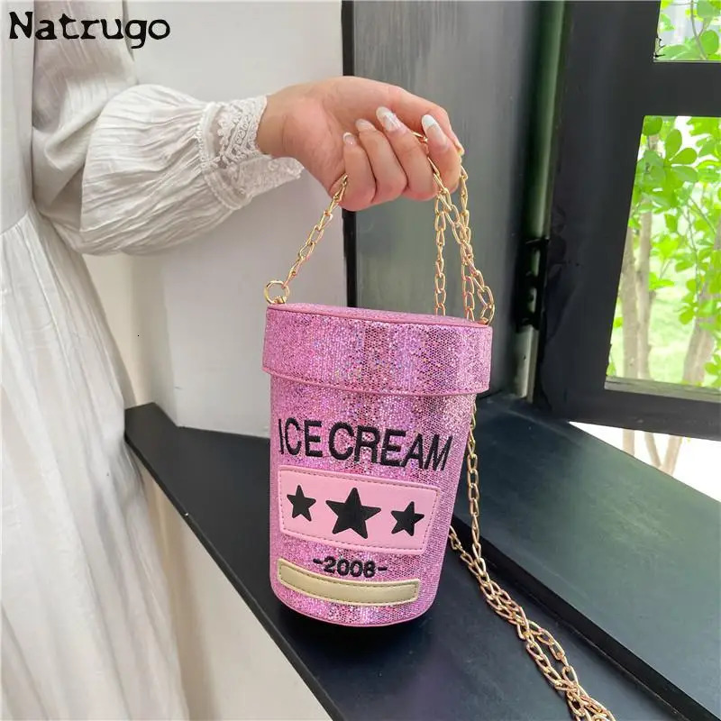 Funny cute cup shape shoulder bag icea cream letter printing bucket bag ladies crossbody messenger bag female purse handbag 241023