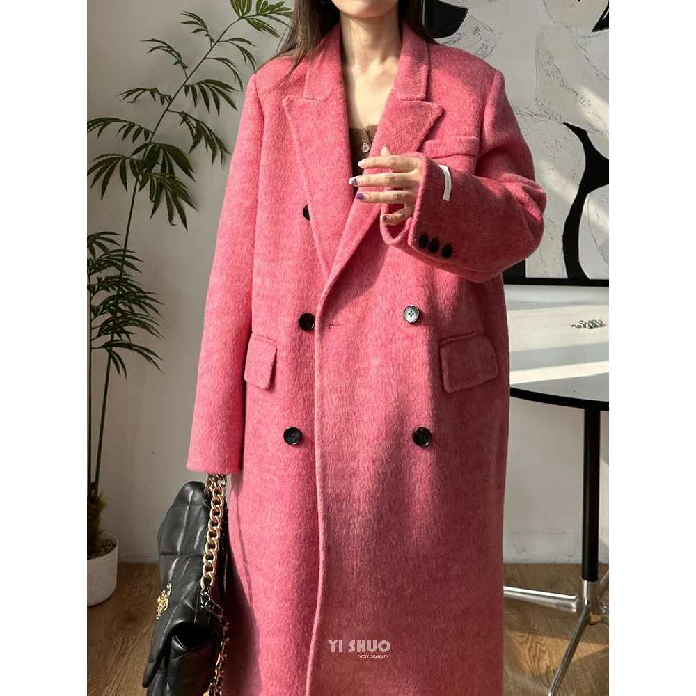 Rose Double-Sided Cashmere Rose Red Long Fashion Suit Collar Double-Breasted Wool Coat Women 2024 New Winter