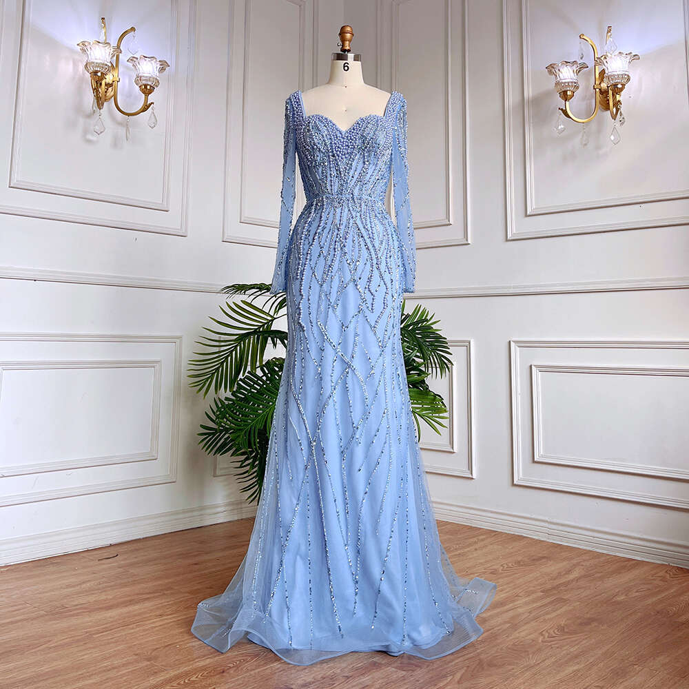 Serene Hill Blue Mermaid Pearls Beaded Arabic Elegant Evening Dresses Gowns For Woman Party