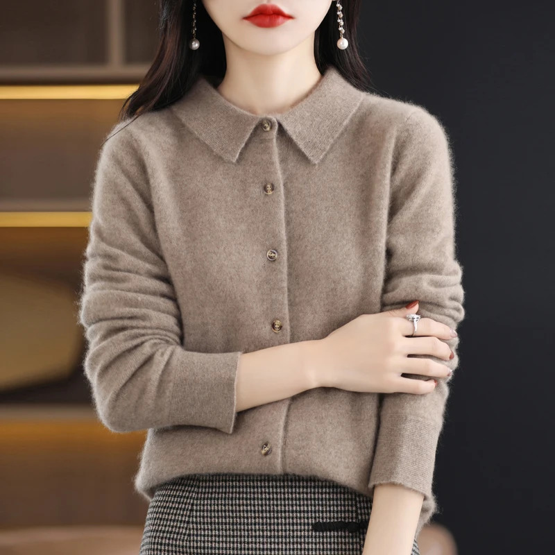 Womens collar pure wool cardigan autumn and winter merino cashmere sweater long sleeved formal knitted top S-XXL 241022