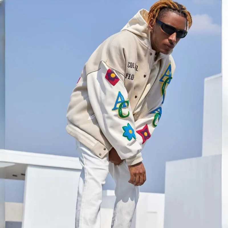Floral embroidery plush jacket mens and womens T-shirt college baseball jacket motorcycle patch work hip-hop bomber jacket autumn 2023 X241023