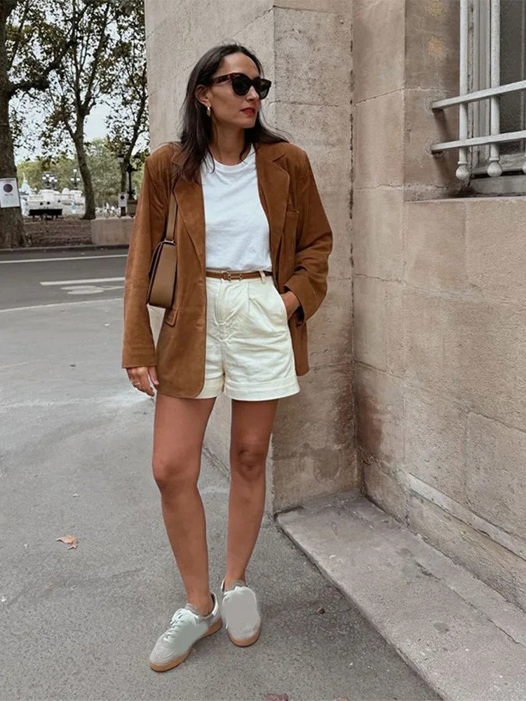 Womens casual brown collar pocket suede jacket fashionable single chest long sleeved retro jacket womens autumn street jacket 241023