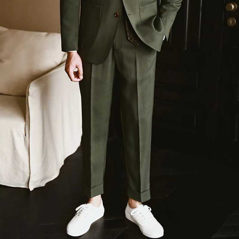 Korean Mens Solid Color Suit Pant Slim Fit Feet Casual British High Waist Pants Spring Office-trousers Men Dress Pants TrousersX241023