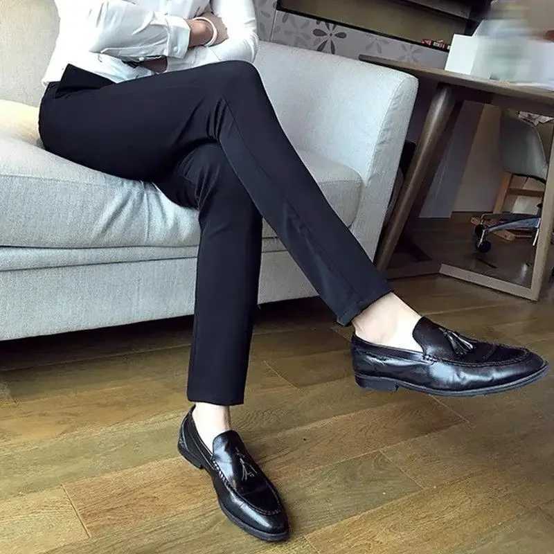 Elastic Business Tressed Male Suit Trousers 9 Cropped Fluid Stretch Social Tailoring Mens Summer Pants Draped Slim Fit FabricX241023