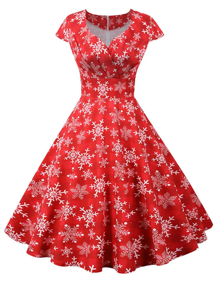 Christmas Party Dress Women Short Sleeve V Neck Elegant Vintage Print Xmas Year Prom Sundress 3XL Robe 241022
