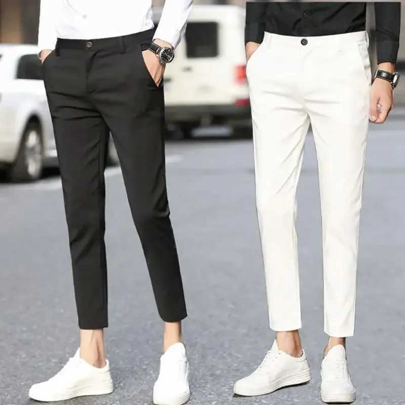 Stretch Slim Fit Social Tailoring Mens Summer PantsElastic 9 Cropped Business Tressed High Quality Slacks Male Suit TrousersX241023