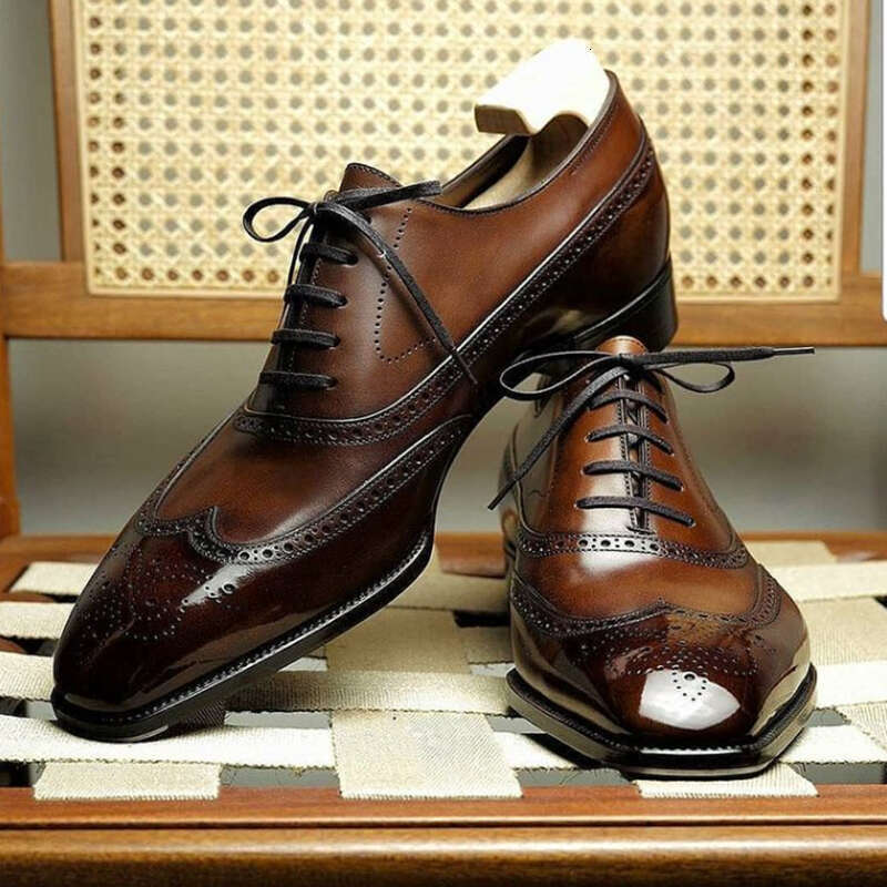 Classic Brogues Brown Black Business Square Head Carved Oxford Lace-up Red Sole Men Dress Shoes