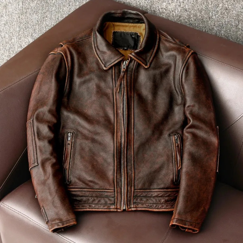 Mens genuine leather jacket retro brown 100% denim jacket mens ultra-thin fashionable motorcycle clothing Asian size S-6XL M697 direct 241023