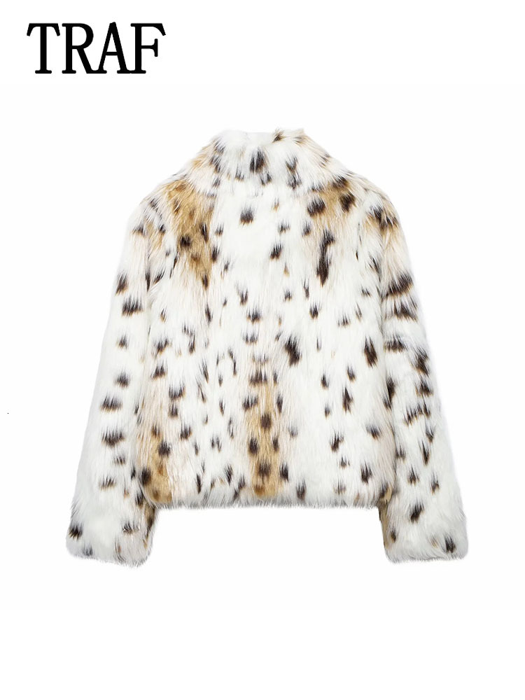 TRAF Women's Fluffy Faux Fur Warm Fashion Animal Print Long Sleeve Overcoats Thick Outerwear Casual Coat Female