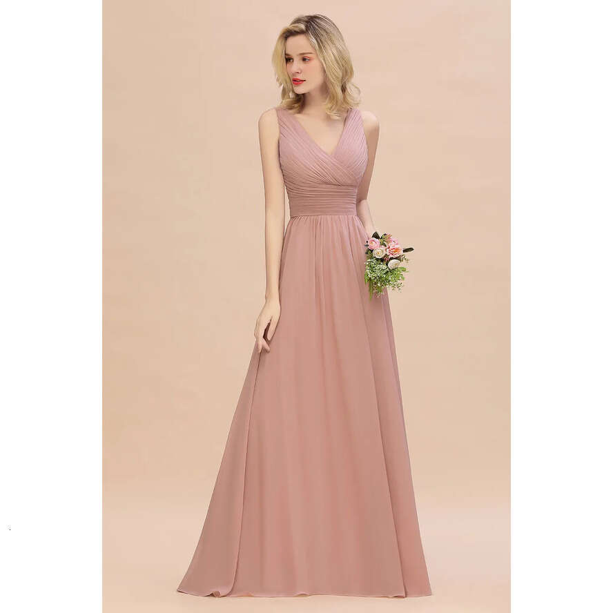 Chiffon Bridmesaid Pink Dusty Dresses Designer A E V Neck Pleats Long Summer Garden Bohemian Wedding Guest Maid Of Honor Gowns Custom Made Bm0752