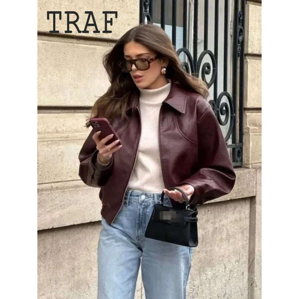 TRAF Casual Leather Solid Color Elastic Hem Short Women Jacket Top Temperament Street Style Women's Clothing