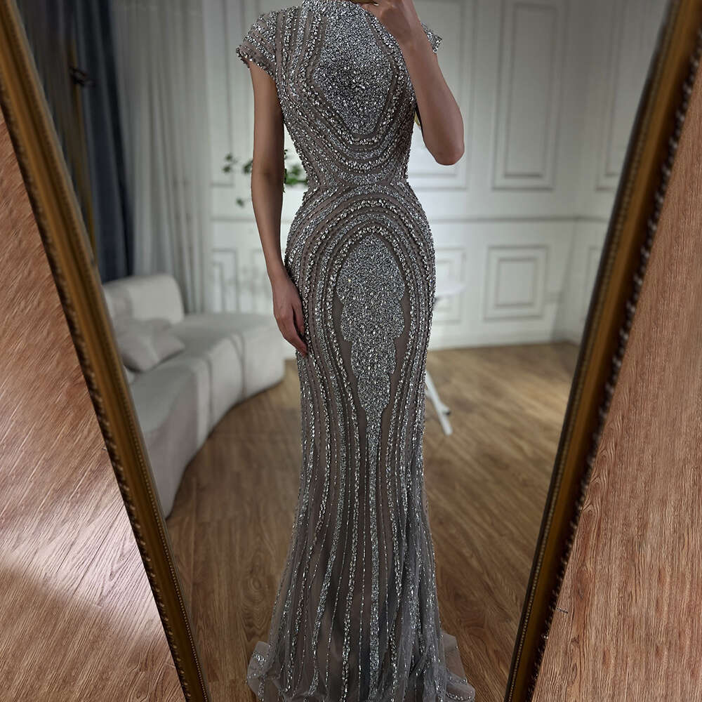 Serene Hill 2024 Arabic Dubai Gray Nude Mermaid or Length Beaded Evening Dresses Gowns for Women Party