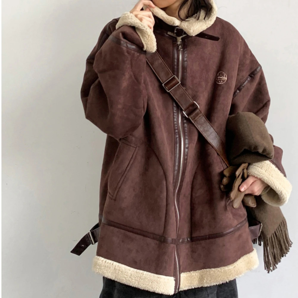 Winter vintage suede wool stand up collar jacket mens womens Korean streetwear high-quality couple jacket Harajuku thick top 241023