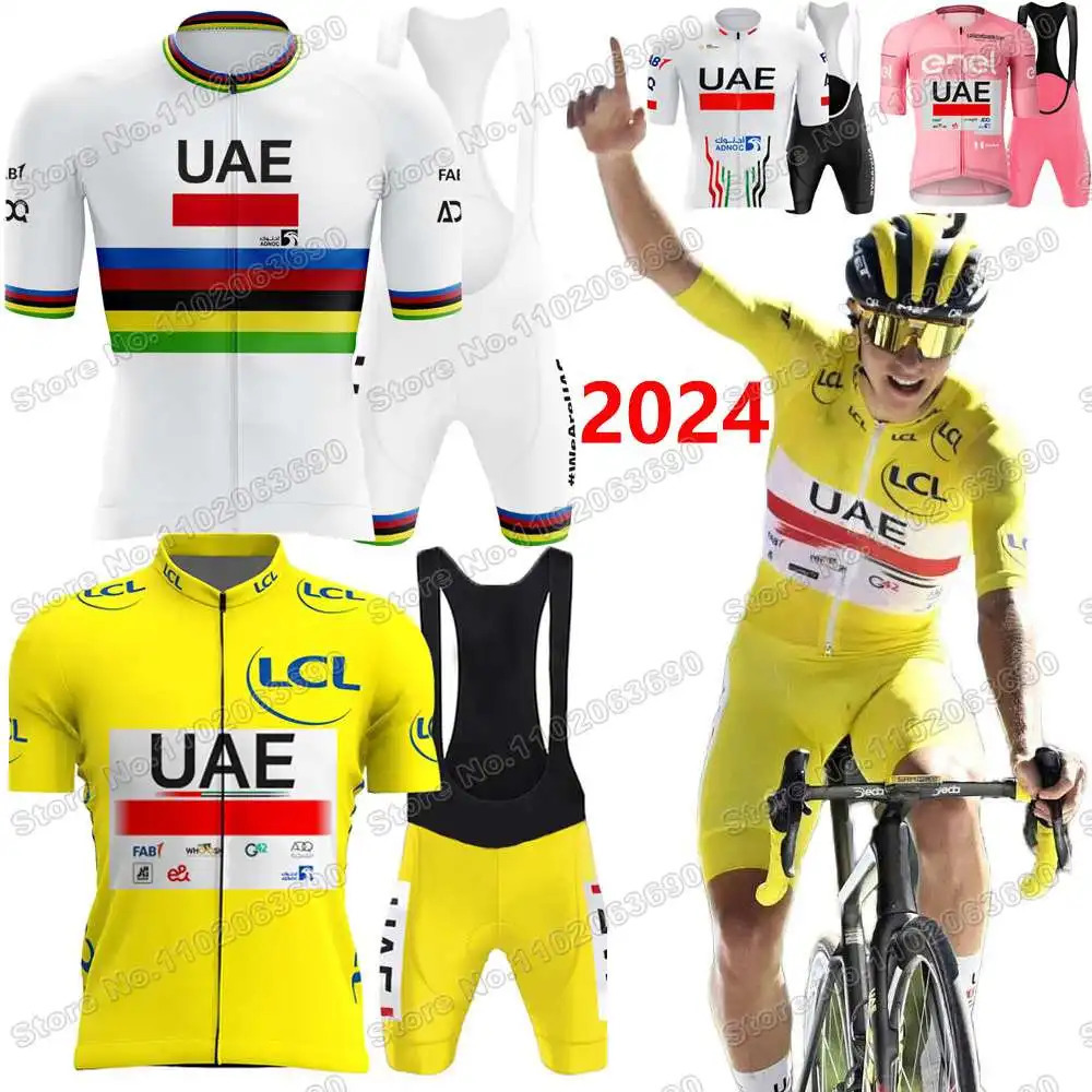 UAE Team Cycling Jersey Set Tadej Pogacar TDF Clothing Yellow White Road bike Shirt Suit Bicycle Bib Shorts Maillot 241023