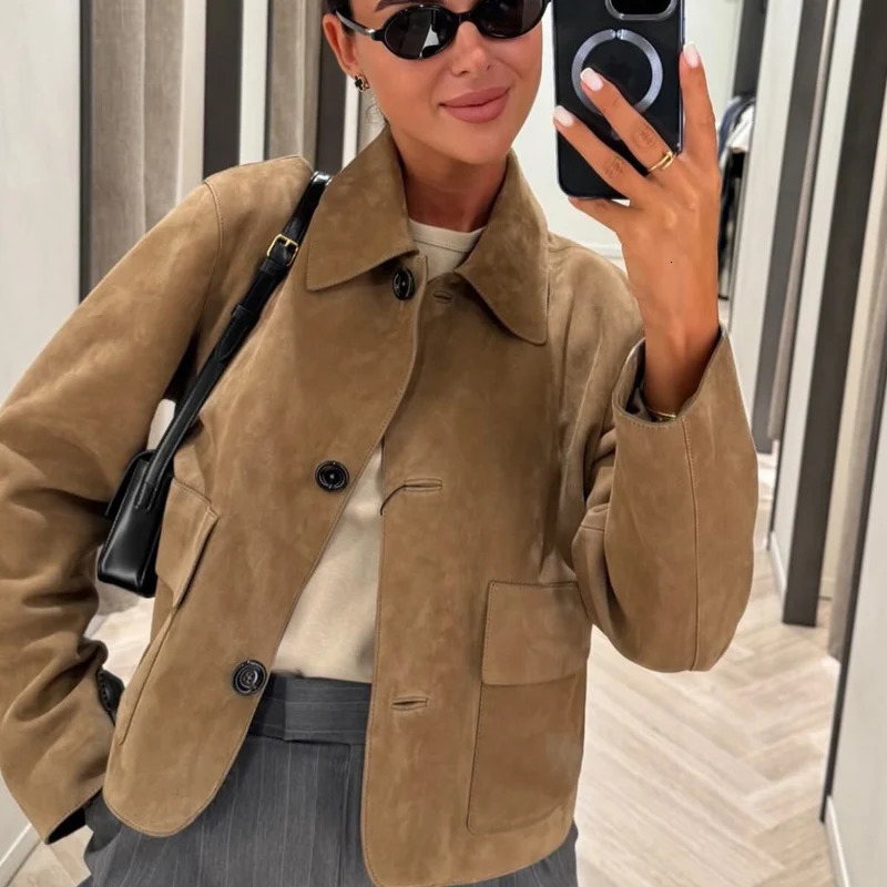 HXAO crop suede jacket womens retro office womens coat button jacket half season womens long sleeved bomber jacket 241023