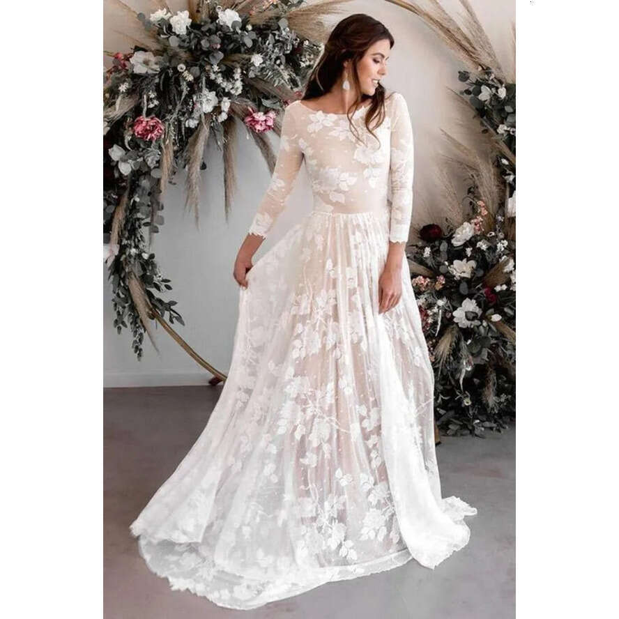 Lace Bohemian Romantic Tulle Wedding Dresses Sexy Backless A E Scoop Neck Appliques Quarter Sleeve Bridal Gowns Plus Size Bc18357 ppliques