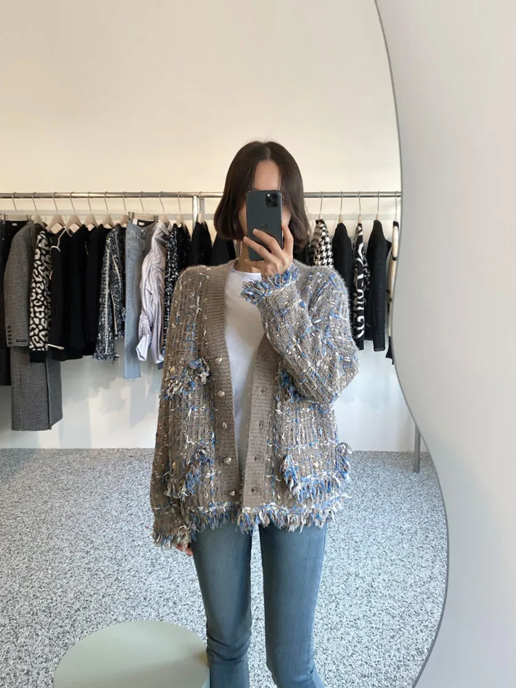 Korean fashion autumn V-neck tassel wool blend cardigan wool loose long sleeved sweater 241022