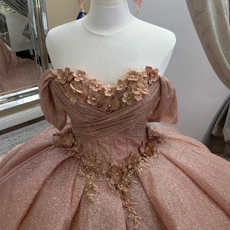 Rose Gold Shiny Off the Shoulder Quinceanera Dresses Ball Gown Beading Appliques Lace 3D Flower Corset Vestido De 15 Anos Sweet 16 Dress